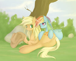 2012 anus applejack_(mlp) ass blonde_hair cowboy_hat cutie_mark equine female friendship_is_magic green_eyes hair hat horse long_hair multicolored_hair my_little_pony pegasus pony purple_eyes pussy rainbow_dash_(mlp) rainbow_hair smile smooth_skin v-invidia wings