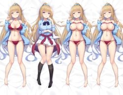 aqua_scrunchie ass_visible_through_thighs barefoot bed_sheet bikini bikini_bottom_aside bikini_pull bikini_top_lift blonde_hair blue_scrunchie blue_shirt blush bow bow_panties breasts classroom_of_the_elite cleavage clothes_around_waist clothes_lift clothes_pull clothing_aside cum cum_in_pussy dakimakura_(medium) from_above front-tie_top full_body hair_ornament hair_scrunchie highres holding holding_panties holding_underwear holding_unworn_clothes jacket jacket_around_waist k.t.cube karuizawa_kei kneehighs large_breasts looking_at_viewer lying multiple_views navel no_shoes on_back open_clothes open_mouth panties ponytail pussy red_bikini red_jacket school_uniform schoolgirl scrunchie shirt side-tie_bikini_bottom skirt socks string_bikini swimsuit underwear unworn_panties white_panties white_skirt