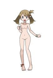 ankle_ribbon barefoot breasts female full_body highres jewelry leg_ribbon mabu_(dorisuto) may_(pokemon) medium_breasts nipples non-web_source nude_filter official_style pokemon pokemon_oras pussy ribbon simple_background standing sugimori_ken_(style) third-party_edit white_background