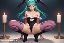 1girls ai_generated animal_print arm_support artist_name bare_shoulders bat_print bat_wings black_footwear black_leotard boots breasts bridal_gauntlets cameltoe candle closed_eyes clothing_cutout collarbone covered_navel darkstalkers demon_girl full_body green_hair head_wings heart_cutout hi_res highleg highleg_leotard leotard lips long_hair medium_breasts morrigan_aensland nipples patreon_username print_pantyhose progenarts solo spread_legs squatting thighhighs tiptoes wings