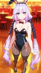 adorable ai_generated black_bow_tie black_bowtie black_heels black_stockings blue_eyes bow_tie bowtie breasts bunny_ears bunny_girl bunny_tail bunnysuit cute cute_face heels kanna_kamui kobayashi-san_chi_no_maidragon miss_kobayashi's_dragon_maid purple_hair small_breasts small_tits smile smiling smiling_at_viewer stockings tiny_breasts tiny_tits twintails