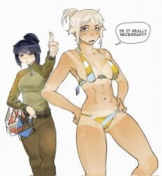 >:) 2girls abs bikini black_hair blush breasts breasts_apart brown_pants clothes_hanger english_text funkiflame hand_on_own_hip highres holding holding_clothes_hanger holding_unworn_clothes medium_breasts multiple_girls navel open_mouth original pants ponytail price_tag short_hair sidelocks speech_bubble standing striped_bikini striped_clothes swimsuit swimsuit_hanger tan tanline thighs thumbs_up trying_on_clothes unworn_bikini v-shaped_eyebrows white_background white_hair yellow_bikini