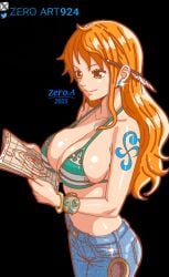 1girls 2025 artist_name big_breasts bikini_top bracelet busty earrings feather_pen light-skinned_female light_skin map nami_(one_piece) one_piece orange_eyes orange_hair tattoo zeroart924