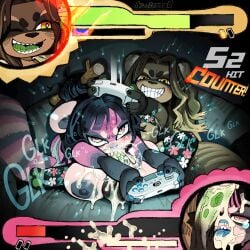 big_balls big_breasts big_penis bra cum cum_on_face cum_through_nose excessive_cum fellatio female femboy furry gameplay_mechanics green_penis grin namnums oral original_character original_characters paizuri stagbeetle tanuki thighhighs video_game_controller video_games