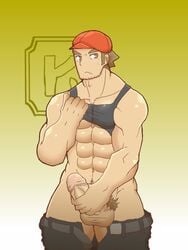 1boy bara datsura_(pokemon) facial_hair human male male_only masturbation muscle noland_(pokemon) partially_clothed penis pokemon pubic_hair shirt_lift solo source_request testicles