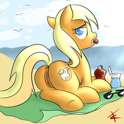 2012 anus apple_cobbler_(mlp) avian beach bird color cradeelcin cutie_mark day equine eyewear female friendship_is_magic fur horse looking_at_viewer looking_back my_little_pony outdoors pussy sand seaside solo sunglasses water