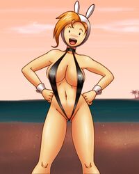 1girls adventure_time beach bikini black_bead_eyes blonde_hair blush breasts bunny_girl cleavage deadmoon female female_only fionna_the_human_girl hands_on_hips large_breasts mob_face navel no_nose open_mouth sling_bikini solo_female swimsuit water wrist_cuffs