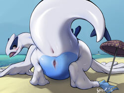 anus ass avian beach blush female looking_at_viewer lugia outside pokemon pokemon_(species) pussy sand sea seaside smile solo sprout water wings