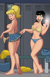 2girls archie_comics areola ass barefoot betty_and_veronica betty_cooper black_hair black_lipstick blonde_hair bra breasts busty camera_phone cellphone cheerleader cleavage electronics eyeliner feet female hourglass_figure human lipstick locker_room nipples no_panties pale_skin panties pom_poms skirt skirt_lift smile thecosbinator underwear veronica_lodge voluptuous