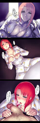 blue_eyes blush breasts censored cleavage comic female forte_stollen galaxy_angel heavy_breathing highres huge_breasts long_image male_pubic_hair monocle mosaic_censoring pajamas pants_pull penis pubic_hair red_hair sawao seductive_smile short_hair smile straddle tall_image text translation_request undressing