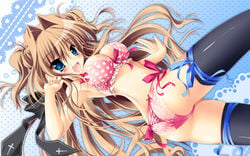 1girls :d ass blue_eyes blush bow bra breasts brown_hair cleavage female frilled_bikini frilled_bra frilled_panties frills highres kamiya_tomoe long_hair looking_at_viewer mashiroiro_symphony open_mouth panties polka_dot polka_dot_background polka_dot_bra polka_dot_panties sena_airi side-tie_panties smile solo thighhighs underwear very_long_hair