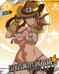 1girls alternate_costume areola areolae bikini black_hair breasts brown_eyes butcha-u cinderella_girls_card_parody cowboy_hat dark_skin erect_nipples eroquis female firearm gloves gun handgun hat holster horseshoe horseshoes idolmaster idolmaster_cinderella_girls large_breasts lasso nippleless_clothes nipples oikawa_shizuku pistol revolver short_hair smile solo sun_(symbol) swimsuit tan weapon wide_hips wink