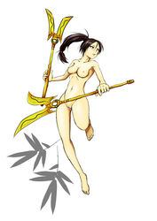 2012 akali akali_jhomen_tethi barefoot blood_moon_akali blood_moon_series breasts brown_hair dual_wielding feet female ikunori league_of_legends long_hair looking_away low-tied_long_hair nipples nude orange_eyes parted_lips ponytail pussy solo tied_hair toes weapon