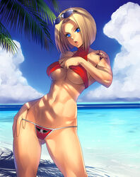 abs beach bikini blonde_hair blue_eyes blue_mary breasts fatal_fury female female_only highres human king_of_fighters navel ogami short_hair snk solo sunglasses swimsuit tattoo toned_female underboob