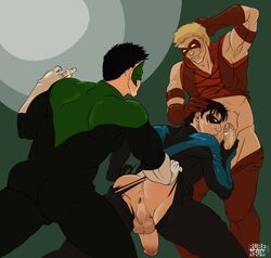 3boys backsack bara batman_(series) black_hair blonde_hair bulge cum_in_mouth cum_on_face dc dc_comics dick_grayson erection exposed_anus gay green_arrow_(series) green_lantern green_lantern_(series) hand_behind_head holding_penis human imminent_penetration kyle_rayner male male_only mask multiple_males multiple_penises muscles nightwing pants_down red_arrow roy_harper rubensum shirt_up source_request teen_titans torn_bodysuit yaoi