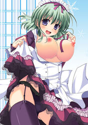 1girls angelina_nanatsu_sewell asa_no_ha black_panties blue_eyes breasts clothing female garter_belt green_hair large_breasts maid maid_headdress mashiroiro_symphony naked_thighhighs nipples nude open_mouth panties short_hair skirt smile solo thighhighs underwear