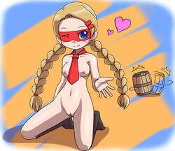 1girls barrel bb black_kneehighs black_legwear blonde_hair blue_eyes blush breasts female hairclip heart kneehighs kneeling large_breasts mask moving necktie nollety nude pop'n_music pussy risette shaved_pussy smile twin_braids wink