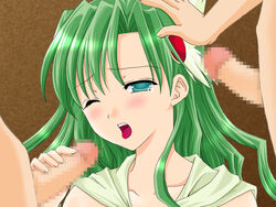 1girls 2boys blush cape censored fellatio female final_fantasy final_fantasy_iv forced forced_oral green_eyes green_hair group_sex hair_ornament handjob harapeko human long_hair male open_mouth oral penis rape rydia sex straight tears threesome tongue wince