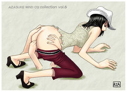 1girls akuma_no_mi all_fours ass ass_grab azasuke bare_calves black_hair calves camisole capri_pants cowboy_hat female female_only fingering groping hana_hana_no_mi hands hat high_heels highres human masturbation nico_robin no_panties one_piece pants_down pre-timeskip purple_eyes shoes solo straight_hair