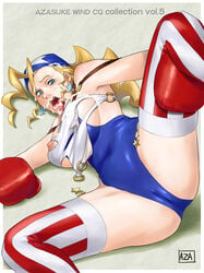 1girls alternate_version_available azasuke bandana blonde_hair blue_eyes boxing_gloves breasts capcom clothing cum earrings erect_nipples female female_only gloves hi_res justice_gakuen large_breasts light-skinned_female light_skin medium_breasts open_mouth red_boxing_gloves red_gloves rival_schools solo spread_legs star_earrings stockings thighhighs tiffany_lords tongue torn_clothes