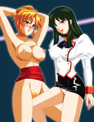 2girls agent_aika aika_sumeragi artist_request blonde_hair breasts brown_eyes delmo delmo_commander delmogeny_uniform female green_eyes green_hair latex miniskirt multiple_girls pantyshot skin_tight uniform white_delmo yuri