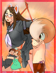 animal_ear bondage blush bondage brown_hair crotch_rope egg_vibrator fox_ear fox_tail glasses hairclip hug long_hair no_panties ramb_chop rope school_uniform serafuku tail thighhighs tied_up vibrator vibrator_in_thighhighs