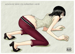 all_fours ass azasuke bare_calves black_hair butt_crack calves camisole capri_pants female female_only high_heels highres human nico_robin one_piece pre-timeskip purple_eyes shoes solo straight_hair