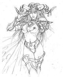 1girls alexstrasza azazel_(artist) bikini_armor blizzard_entertainment boots breasts cape dragon dragon_aspect dragon_girl dragon_humanoid dragon_queen erect_nipples female female_focus female_only gauntlets hairband horn_ornament horn_ring horns long_hair milf monochrome monster_girl nipple_chain nipple_piercing nipples red_dragonflight sketch solo solo_focus source_request straight_hair thigh_boots thighhighs topless video_games warcraft world_of_warcraft