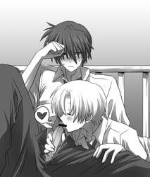 2boys blonde_hair blush censored clannad closed_eyes clothing fellatio femboy gay heart kissing male male_only monochrome multiple_boys multiple_males necktie okazaki_tomoya oral penis penis_kiss school_uniform short_hair spread_legs sunohara_youhei sweatdrop tie yaoi