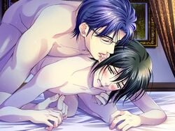 2boys anal bed blush closed_eyes glasses hanamachi_monogatari licking multiple_boys nipple_pinch nipple_tweak nipples nude open_mouth sex sweat yaoi