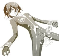 1boy after_sex broken broken_rape_victim bulge code_geass cum cum_in_ass cum_inside cum_on_body cum_on_clothes cum_on_nipple cum_on_upper_body empty_eyes erection exhausted gloves human leaking lelouch_lamperouge male male_nipples male_only monochrome on_back penis penis_bulge rape solo toony torn_clothes used