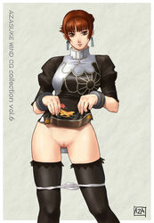 azasuke black_dress black_legwear black_thighhighs brown_eyes brown_hair censored chai_xianghua china_dress chinadress chinese_clothes dress dress_lift earrings female high_resolution jewelry panties panty_pull pussy shaved_pussy short_hair solo soul_calibur standing thighhighs underwear white_panties zettai_ryouiki