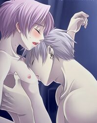 2boys blush breast_sucking breasts closed_eyes earrings hiro_(usukawa) licking male multiple_boys nipple_suck nippleplay nude open_mouth piercing pink_hair saliva silver_hair sweatdrop usukawa_(artist) yaoi