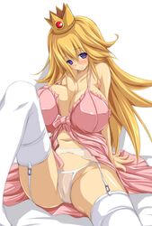 arm_support blonde_hair blue_eyes blush bow bra breasts censored cleavage crown curvy cute dress fct female garter_belt garters hair hat head_tilt huge_breasts human leg_lift lingerie long_hair mario_(series) negligee nightgown nintendo panties princess_peach purple_eyes pussy see-through see-through_panties sitting smile solo spread_legs straight_hair thighhighs underwear very_long_hair white_background white_legwear