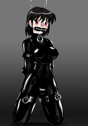 arms_behind_back bit_gag black_hair bondage chains collar gag gagged gimp_suit kokuyousha latex nose_hook red_eyes saliva school_rumble short_hair suspension tsukamoto_yakumo