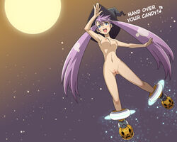 blue_eyes boots breasts face female flying full_moon haganemaru_kennosuke halloween hard_translated hat moon night night_sky nude original pumpkin purple_hair pussy short_twintails sky solo text tied_hair translated twintails uncensored wallpaper witch_hat