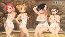 4girls arato_nagi ass black_hair blue_eyes blue_hair breasts earrings female from_side green_eyes hi_res highres huge_breasts imari_youko long_black_hair long_hair looking_at_another multiple_females multiple_girls official_art older_female_and_younger_female onsen open_mouth orange_hair red_eyes red_hair ruri_no_houseki seto_shouko sideboob tanigawa_ruri thick_thighs towel towel_only two-tone_hair