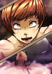 ahe_gao brown_hair censored censored_penis corruption eyes_rolling_back faceless_male nearly_nude open_mouth oppaotintin penis_inside persona persona_4 satonaka_chie sex sweat textless thick_thighs