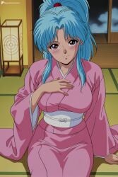 1girl ai_generated blue_hair blush botan breasts closed_mouth digitalwaifugallery hand_on_own_chest hi_res high_quality high_resolution indoors japanese_clothes kimono large_breasts long_hair long_sleeves looking_at_viewer night obi patreon pink_eyes pink_kimono ponytail purple_eyes sash seductive sexy sidelocks sitting smile solo tatami twitter_username uncensored watermark wide_sleeves yu_yu_hakusho