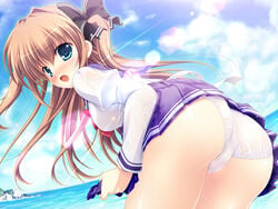 asuka_mirai blush brown_hair clouds female game_cg mikeou nanairo_kouro panties see-through see-through_panties sky solo underwear water wet