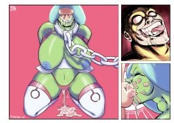 arms_behind_back ballsack big_breasts blowjob breasts_out chained_up cum_in_mouth deepthroat funny_face green_body invincible invincible_(tv_series) kneeling_oral_position leaking_pussy mark_grayson pussy_juice_drip restrained revealing_clothes skull_gecko soaked_panties soaked_pussy swallowing_cum swallowing_penis_while_deepthroat thigh_highs throat_bulge throat_fuck throat_swabbing universa