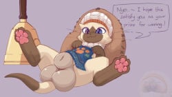 balls balls_on_tail big_balls capcom english_text feet felid felyne feral foot_focus genitals heterochromia lynian male male_only mammal monster_hunter palico pawpads paws rolie_(monster_hunter) siamese_cat solo tail text tyln7000