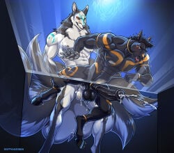 5_fingers 7_tails abs against_surface alternate_species anal anal_penetration animal_genitalia animal_penis anthro anthro_on_anthro anthro_penetrated anthro_penetrating anthro_penetrating_anthro athletic athletic_anthro athletic_male balls big_penis black_body black_fur black_hair black_nose bodily_fluids canid canine cum cum_in_ass cum_inside cum_while_penetrated cumshot djoser_(psychoh13) duo ear_piercing ear_ring ejaculation equid equine equine_genitalia equine_penis erection fingers fox fur genital_fluids genitals grey_body grey_fur hair hi_res hooves horse humanoid_hands male male/male male_penetrated male_penetrating male_penetrating_male mammal multi_tail multicolored_body multicolored_fur nipples nivhis nude nude_anthro nude_male on_glass penetration penile penile_penetration penis penis_in_ass piercing ring_piercing sex skiffkhariben tail two_tone_body two_tone_fur white_body white_fur