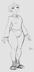 1_horn 2022 5_fingers 5_toes asian_mythology bottomless bottomless_female claws clothed clothing demon east_asian_mythology feet female female_humanoid finger_claws fingers genitals hair hi_res horn horned_humanoid humanoid humanoid_genitalia humanoid_pointy_ears humanoid_vulva japanese_mythology long_neck monochrome mythology noill not_furry oni plump_labia pointy_ears ringo-chan_(noill) short_hair simple_background smile solo standing stubble toe_claws toes topwear topwear_only vulva yokai