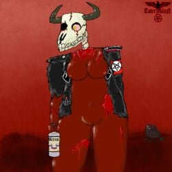 1:1 alcohol anthro armband artist_name beverage black_clothing black_jacket black_topwear blood blood_from_eye blood_from_wound bloodshot_eyes bodily_fluids bone bottle bottomless bovid breasts clothed clothing container cross demon detailed_background digit_ring english_text female finger_ring fingers genitals gore hand_behind_back hi_res holding_bottle holding_container holding_object horn iron_cross jacket jacket_only jewelry leather leather_clothing leather_jacket leather_topwear mammal missing_eye navel occult_symbol open_clothing open_jacket open_topwear red_armband red_body red_skin skull skull_head solo symbol teeth text thick_thighs topwear topwear_only torn_clothing torn_jacket toterzyklon vodka vulva wide_hips wounded yellow_eyes