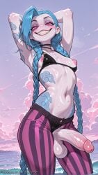 1girl ai_generated armpits arms_behind_head arms_up bangs bikini black_bikini blue_hair blush braid breasts decurse futanari grin jinx_(league_of_legends) league_of_legends lip_biting long_hair looking_at_viewer navel nipples outdoors pants penis pink_eyes pink_pants shiny shiny_skin small_breasts smile solo stomach striped striped_pants swimsuit tattoo teeth testicles twin_braids uncensored veins veiny_penis very_long_hair wading water