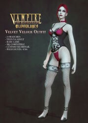 3d breasts choker cleavage_cutout description female fishnet_legwear fishnet_stockings fishnets heels highres long_nails makeup medium_breasts pale_skin panties red_hair solo solo_female stockings tied_hair vampire vampire_girl vampire_the_masquerade vampire_the_masquerade_bloodlines velvet_velour world_of_darkness