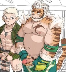 2019 absurdres anthro belly duo felid furry highres hombretigre humanoid_hands humanoid_penis male male_only mammal moobs muscular navel nipples overweight overweight_male pantherine peeing penis royalsobatya testicles tiger tokyo_afterschool_summoners urine