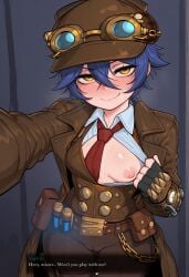1girl baxx15 blue_hair blush brown_belt brown_coat brown_jacket brown_pants brown_vest cameltoe detective_girl_of_the_steam_city erect_nipple eroge fingerless_gloves flat_chest gauntlet glossy_skin goggles_on_headwear hentai_game nipple one_breast_out open_clothes pouch power_fist prostitution red_necktie rpg_game shiny_skin short_hair small_breasts smirk solo sophie_(detective_girl_of_the_steam_city) sophie_winters sweat text tomboy vial white_shirt yellow_eyes