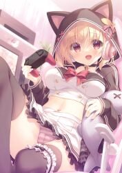 1girl blonde_hair bondage bra breasts cameltoe cat_hood clothed collar game_controller headphones highres hoodie large_breasts leaning_back medium_hair nekomimi open_shirt original panties ponytail ribbon_panties school_uniform shimapan sitting skirt_lift solo striped_panties thighhighs tied_hair yukie